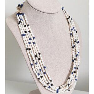 Vintage 14k Yellow Gold Pearl 6 Row Multi Strand Onyx Lapis Statement Necklace